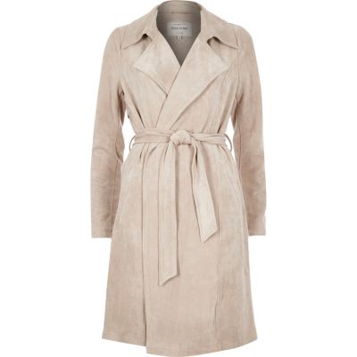 Light beige faux suede trench coat